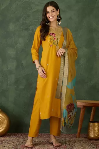 Mustard yellow rayon embroidered sttiched suit
