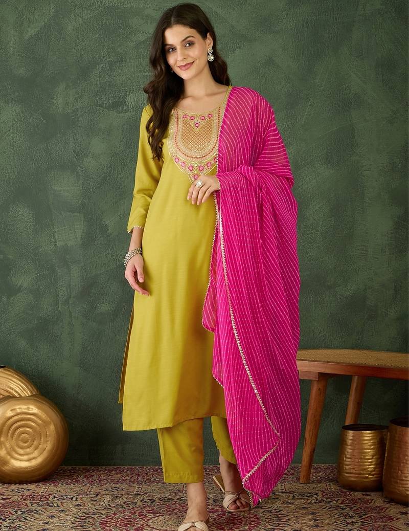 Mustard  rayon embroidered sttiched kurta set