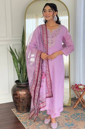 Lavender color rayon sttiched kurta set