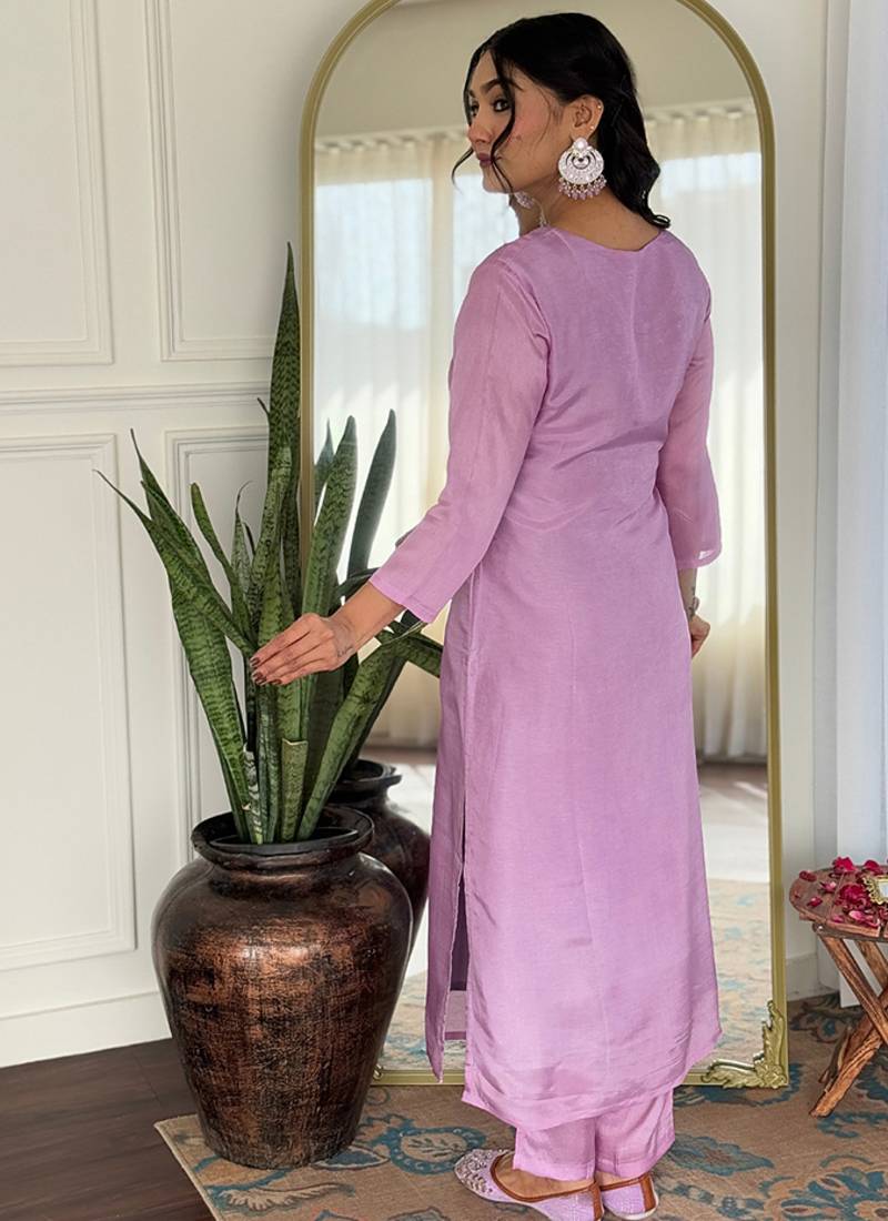 Lavender color rayon sttiched kurta set