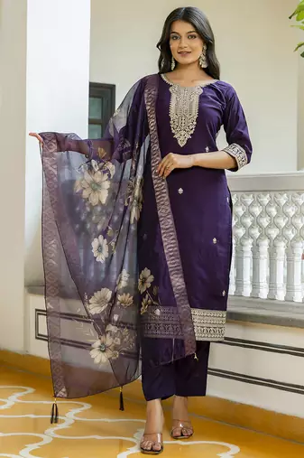 Viscose chanderi embroidered suit in purple