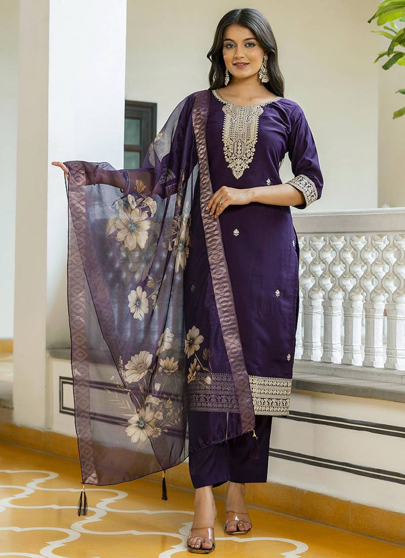 Viscose chanderi embroidered suit in purple