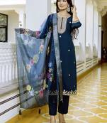 Viscose chanderi embroidered suit in navy blue