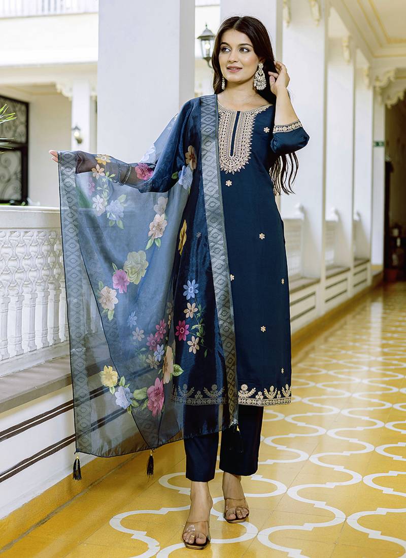Viscose chanderi embroidered suit in navy blue