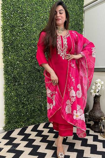 Dark pink color viscose chanderi embroidered sttiched kurta set
