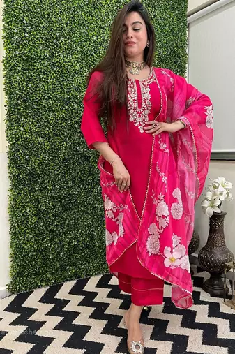 Dark pink color viscose chanderi embroidered sttiched kurta set
