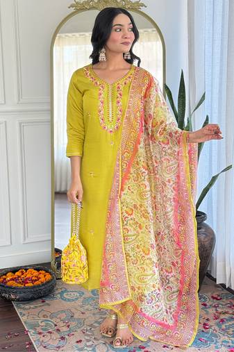Yellow color rayon sttiched kurta set