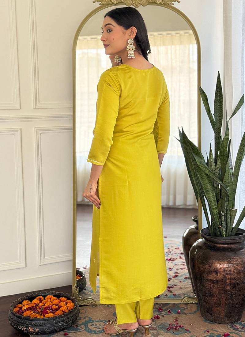 Yellow color rayon sttiched kurta set