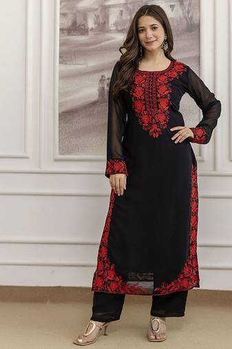 Georgette embroidered sttiched kurta set in black
