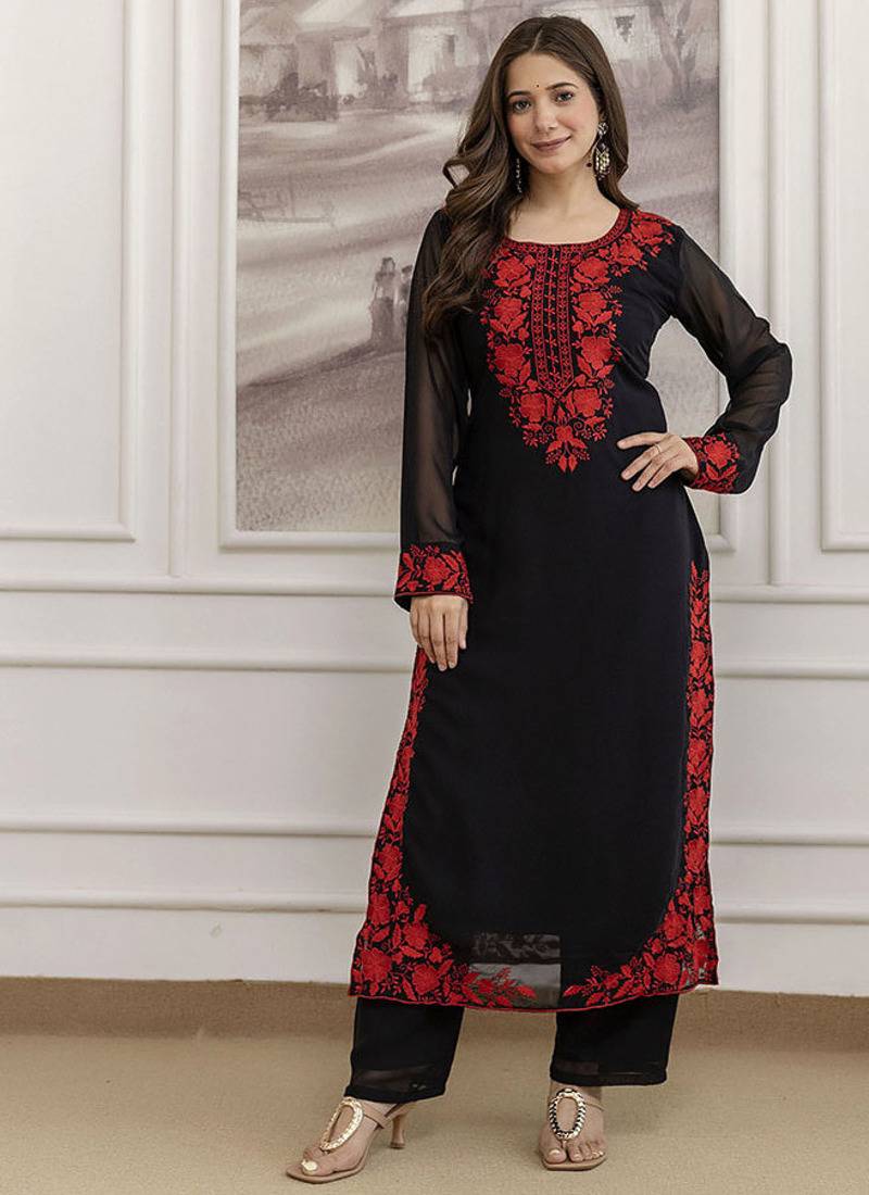 Georgette embroidered sttiched kurta set in black