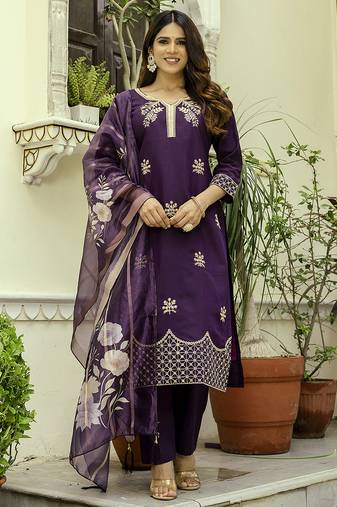 Purple viscose chanderi embroidered kurta set