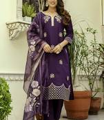 Purple viscose chanderi embroidered kurta set