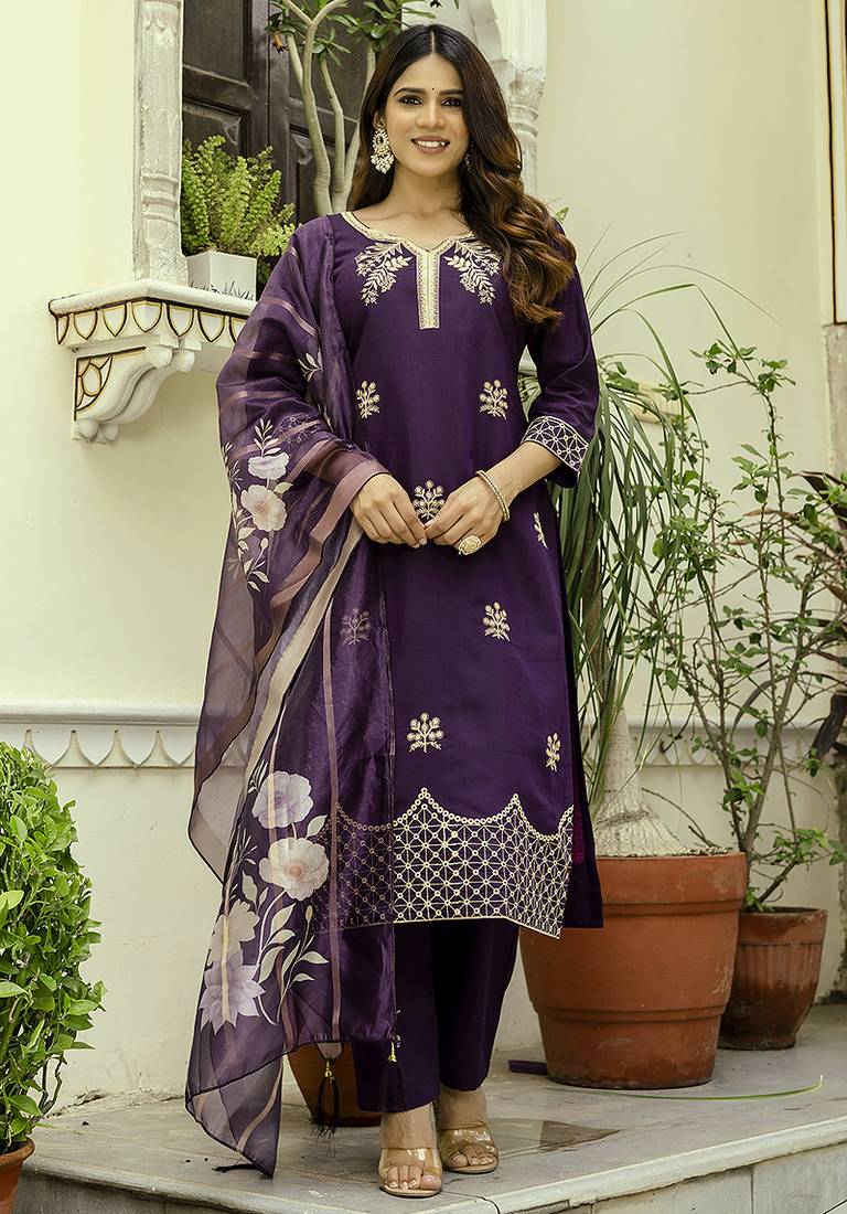 Purple viscose chanderi embroidered kurta set