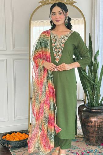 Mehendi green color rayon sttiched kurta set