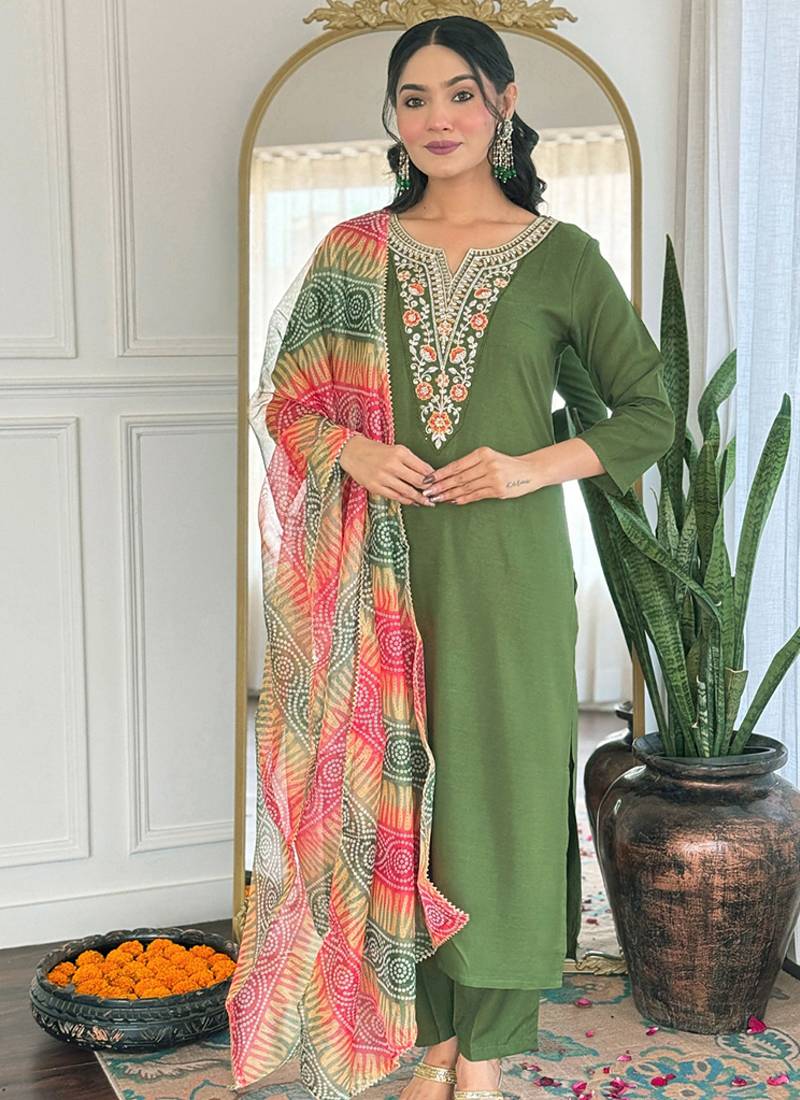 Mehendi green color rayon sttiched kurta set