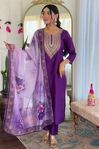 Purple color rayon sttiched kurta set