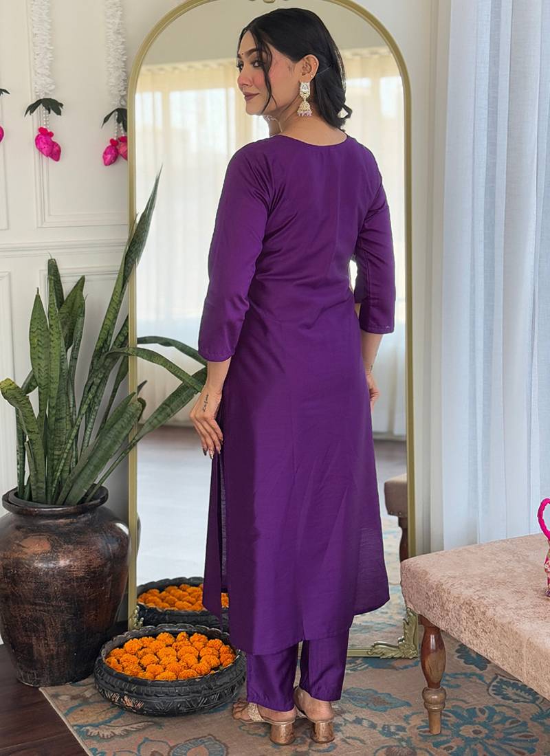 Purple color rayon sttiched kurta set