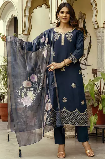 Navy blue viscose chanderi embroidered kurta set