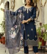 Navy blue viscose chanderi embroidered kurta set