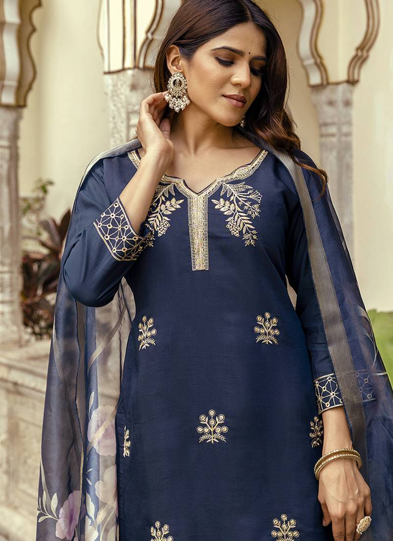 Navy blue viscose chanderi embroidered kurta set