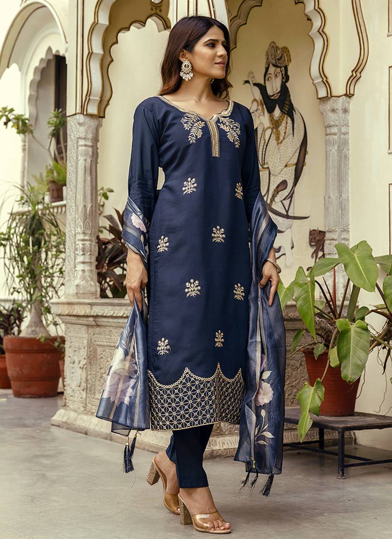 Navy blue viscose chanderi embroidered kurta set
