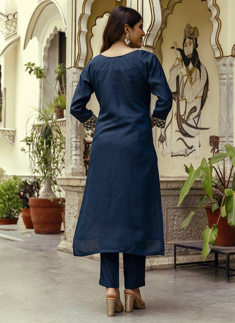 Navy blue viscose chanderi embroidered kurta set