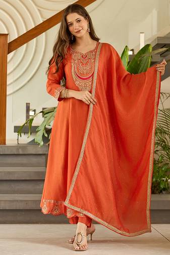 Orange color vichitra silk anarkali readymade set
