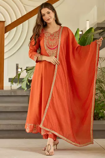Orange color vichitra silk anarkali readymade set