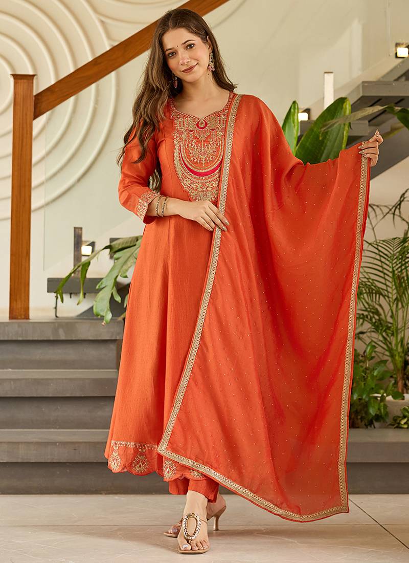 Orange color vichitra silk anarkali readymade set