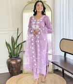 Lavender rayon embroidered readymade kurta set
