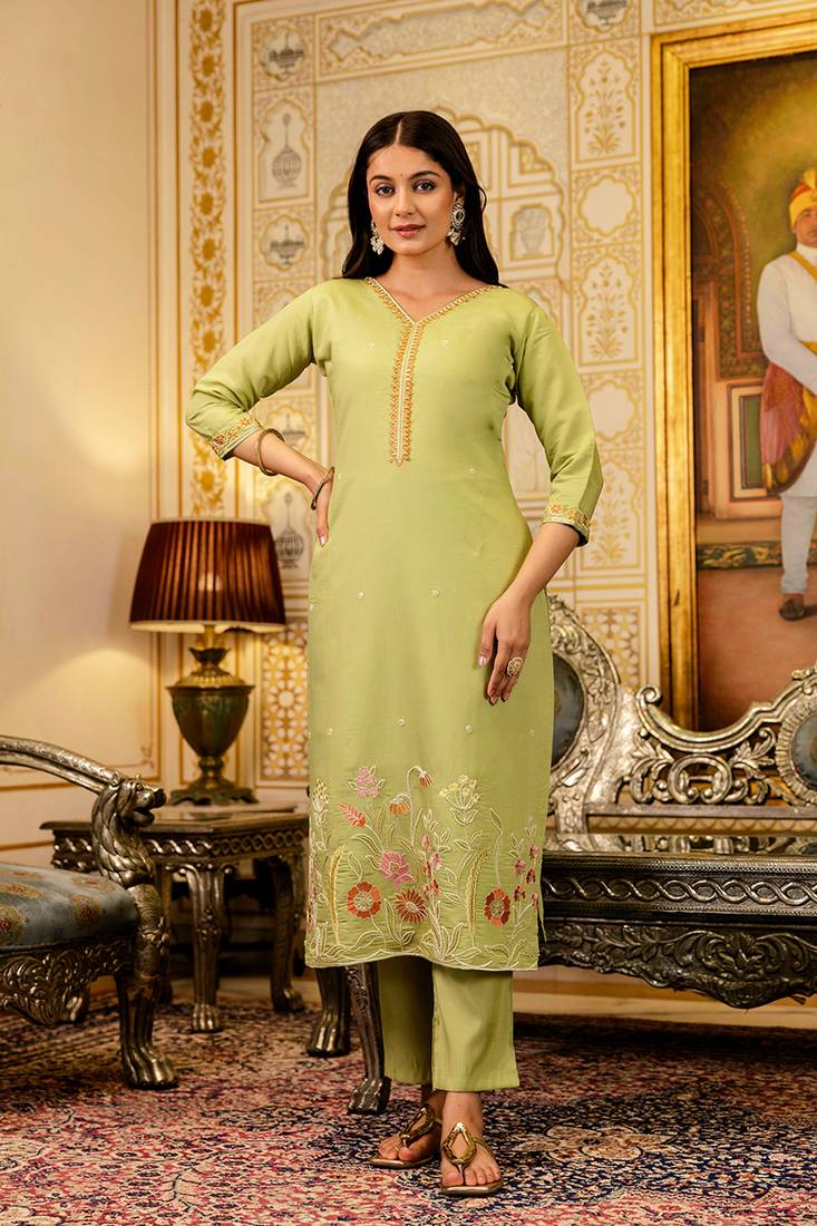 Parrot green viscose simar embroidered kurta set