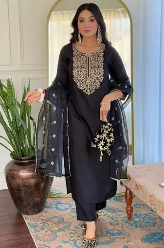 Black color viscose embroidered kurta set