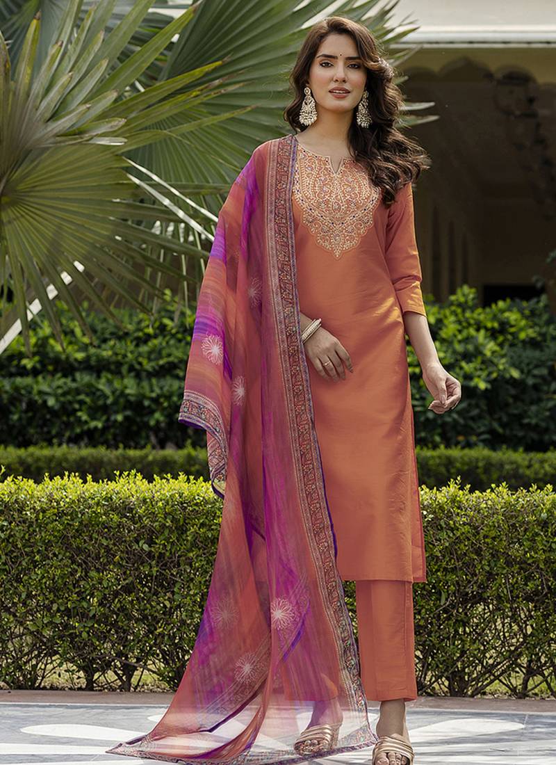 Orange color rayon sttiched straight suit