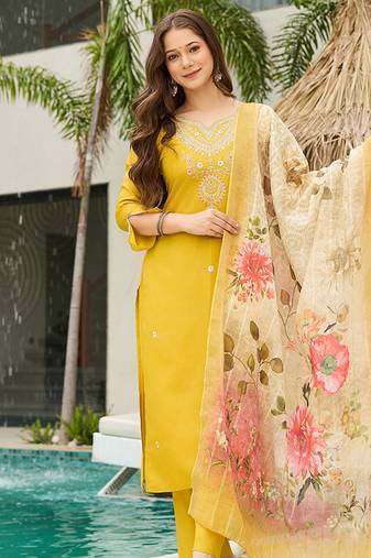 Yellow color viscose embroidered straight suit