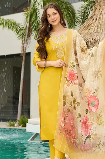 Yellow color viscose embroidered straight suit