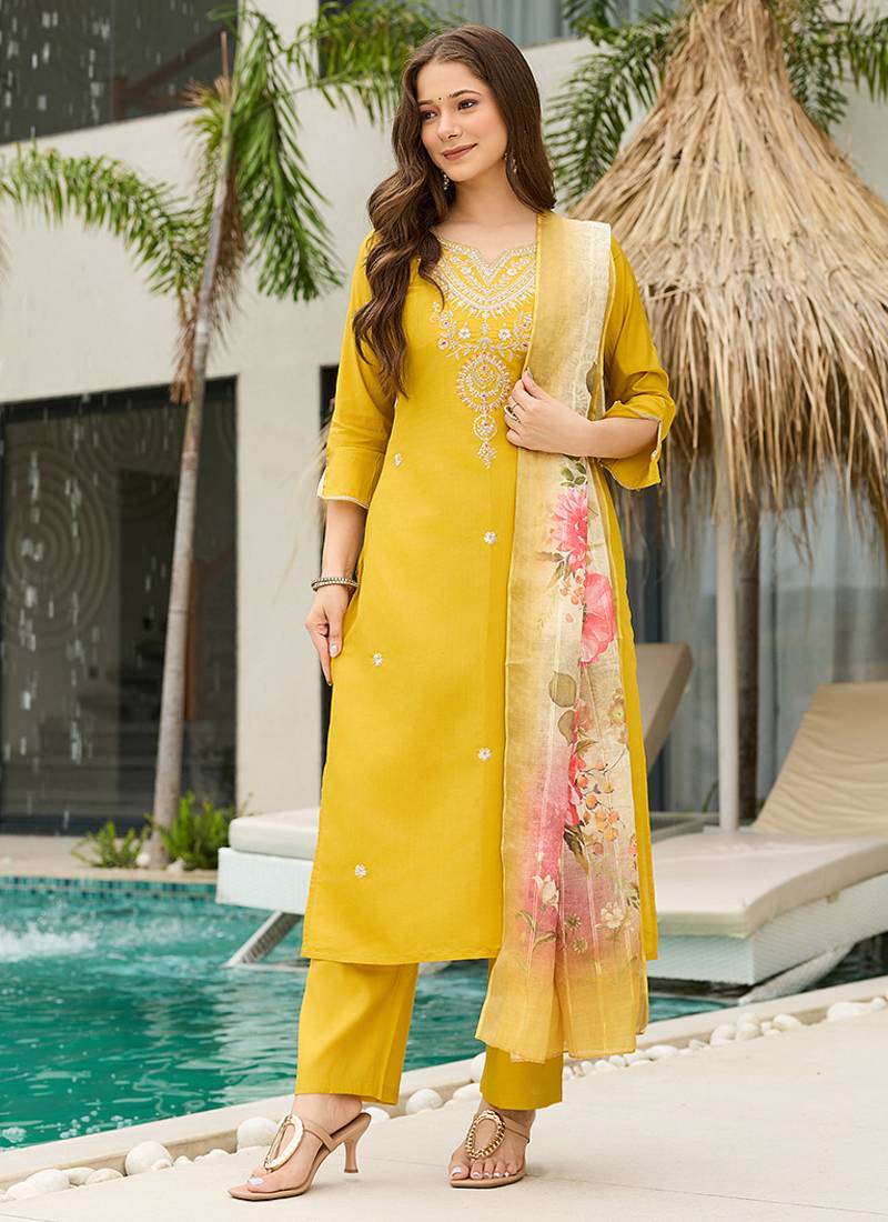 Yellow color viscose embroidered straight suit