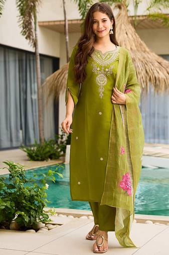 Mehendi green color viscose embroidered straight suit