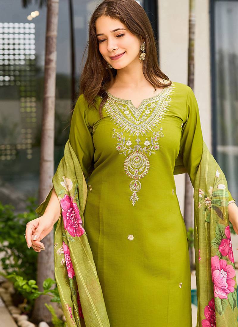 Mehendi green color viscose embroidered straight suit