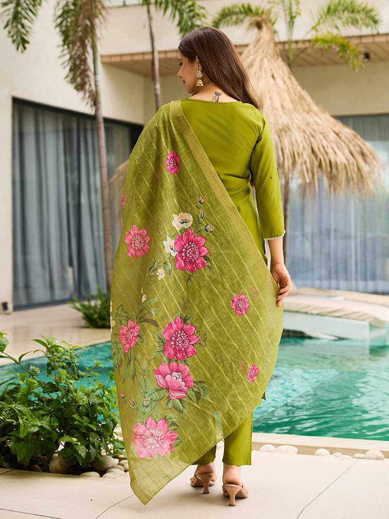 Mehendi green color viscose embroidered straight suit