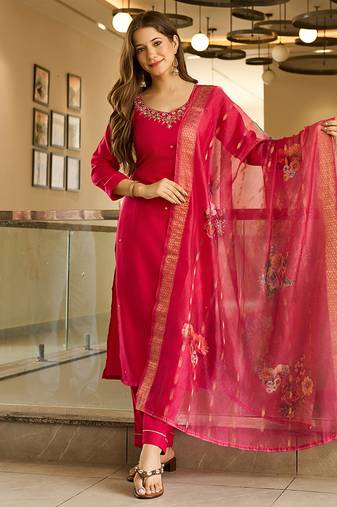 Rani pink color viscose ready made kurta set