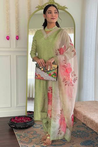 Pista green color rayon embroidered sttiched kurta set