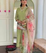 Pista green color rayon embroidered sttiched kurta set