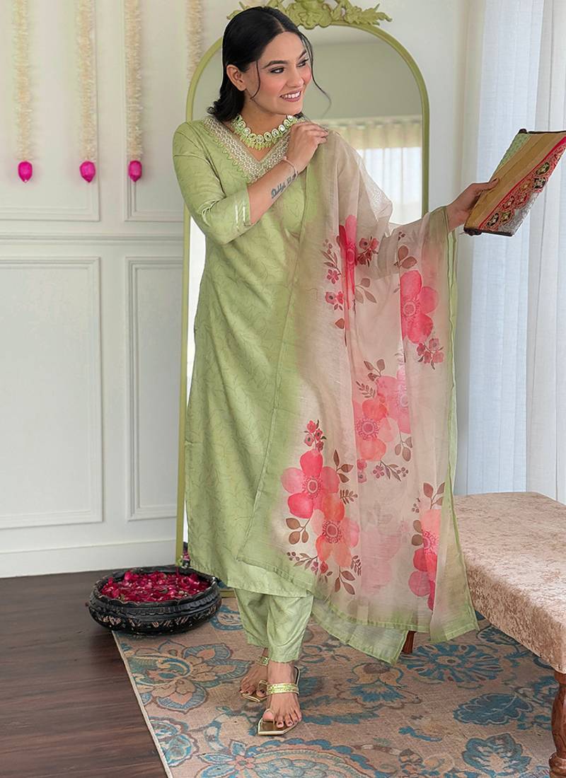 Pista green color rayon embroidered sttiched kurta set