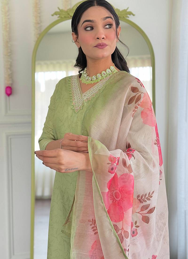 Pista green color rayon embroidered sttiched kurta set