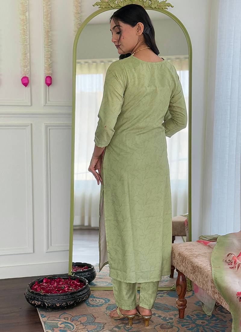 Pista green color rayon embroidered sttiched kurta set