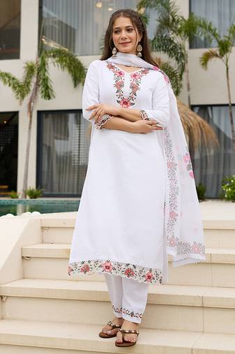 White viscose embroidered sttiched kurta set