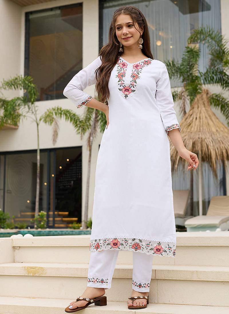 White viscose embroidered sttiched kurta set