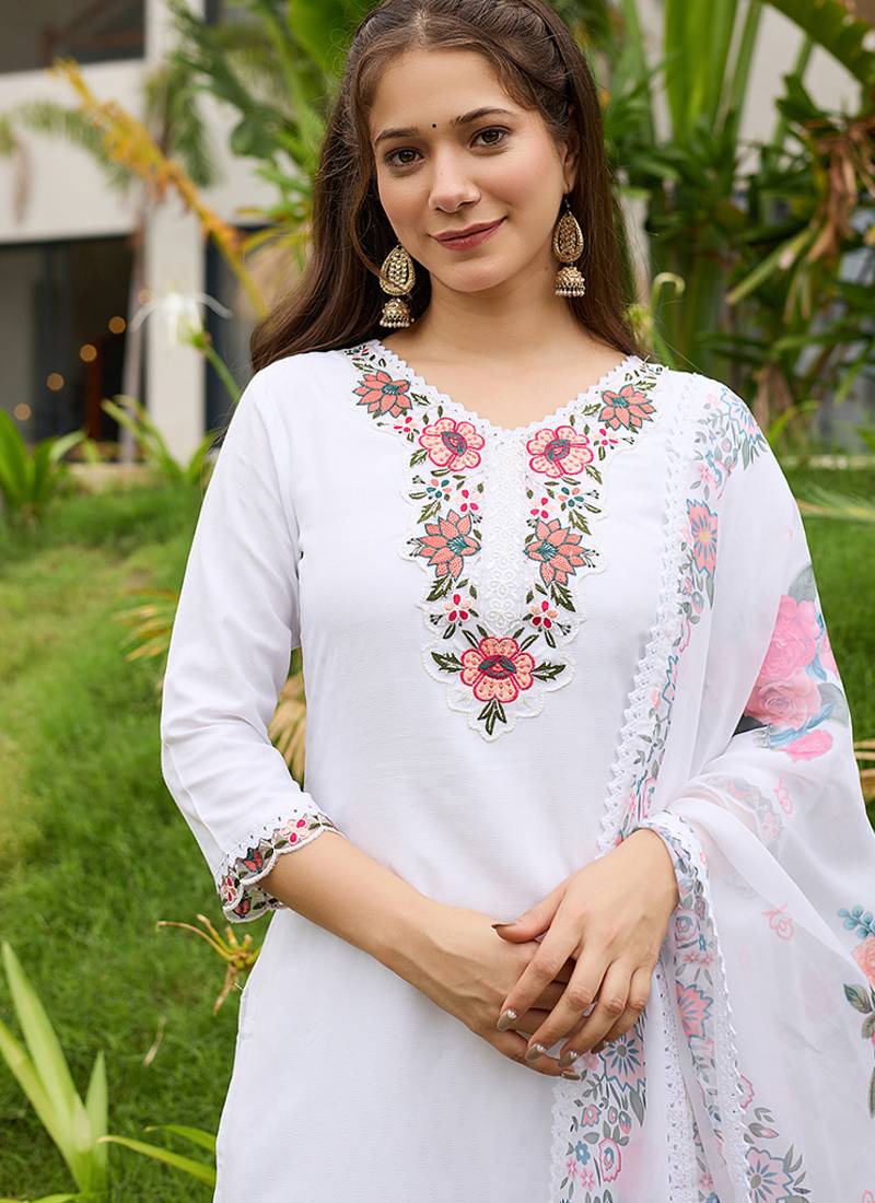 White viscose embroidered sttiched kurta set