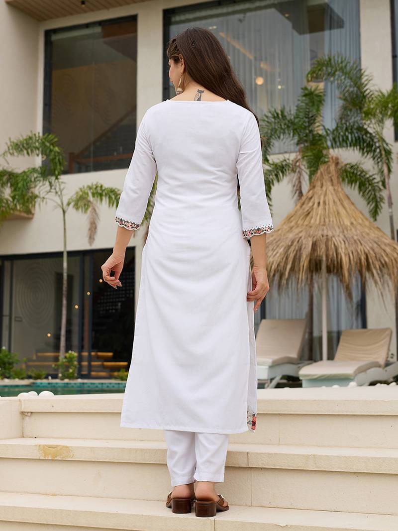 White viscose embroidered sttiched kurta set