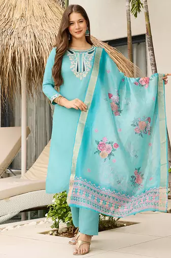 Sky blue color viscose embroidered sttiched kurta set